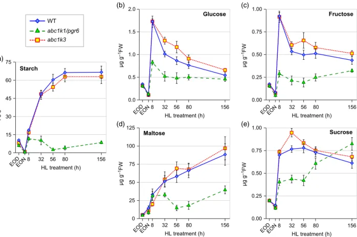 Figure 3. Sugar analysis of plants exposed to high light (HL) treatment: (a) starch; (b) glucose; (c) fructose; (d) maltose; (e) sucrose