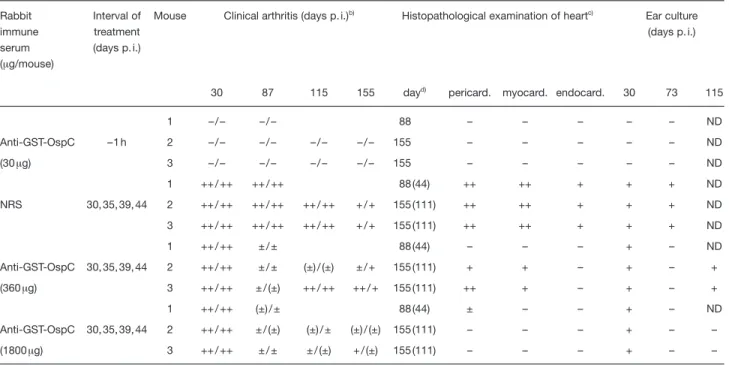 Table 3. Prevention and resolution of experimental B. burgdorferi infection in C.B-17 SCID mice by passive transfer of OspC- OspC-specific rabbit IS a) Rabbit immune serum ( ? g/mouse) Interval oftreatment(days p