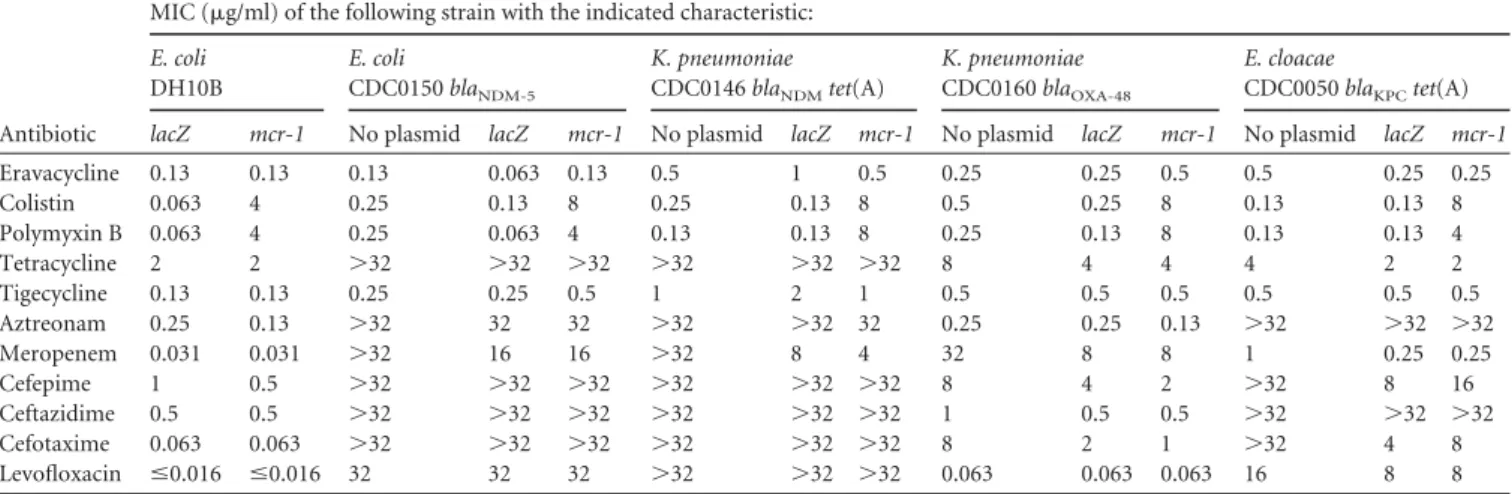 TABLE 2 Activities of eravacycline and comparators against carbapenem-resistant E. coli, K