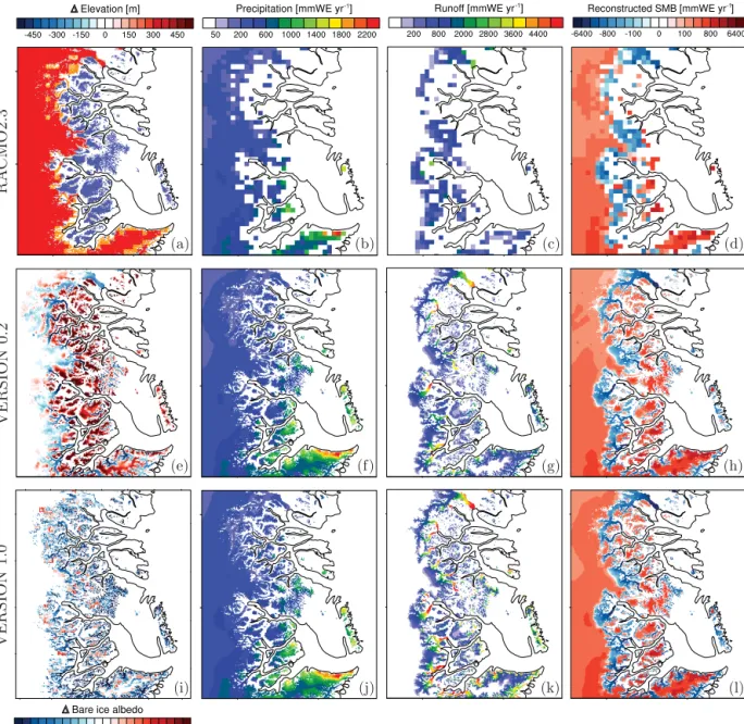 Figure 10. Centre east: (a) ice sheet mask in RACMO2.3 at 11 km (red) and in the down-sampled GIMP DEM at 1 km (orange) (blue box 1 in Fig