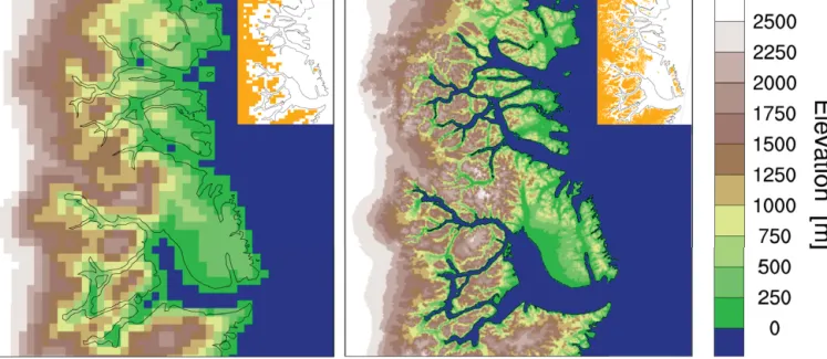Figure 2. Elevation and ice mask (orange, shown in inset) as prescribed in RACMO2.3 at 11 km (left) and derived from the GIMP DEM down-sampled to 1 km (right) over central east Greenland (blue box 1 in Fig
