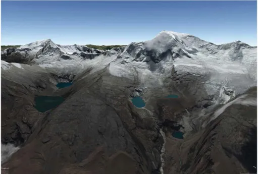 Figure 1. Newly formed lakes in bed overdeepenings of formerly glacier-covered bedrock at the foot of Nevado Hualcán, Cordillera Blanca, Peru.