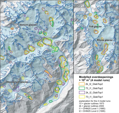 Figure 2. Map showing modelled overdeepenings with volumes larger than 10 6 m 3 based on four different model runs for Aletsch/Oberaletsch (left) and Trift/Rhone glaciers (right)