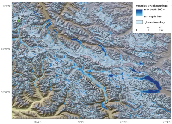 Figure 3. Bed overdeepenings modelled with GlabTop2 for the glaciers between K2 and the Karakoram-Pass in the Karakoram Range, including the largest modelled depression (lower right of image)