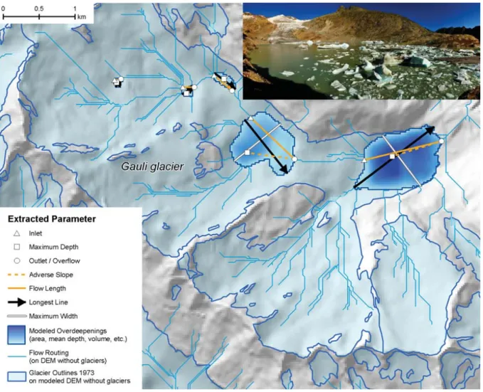 Figure S3: Map depicting the outlines of glaciers in the Gauli region in 1973, draped  over the glacier bed modelled with GlabTop