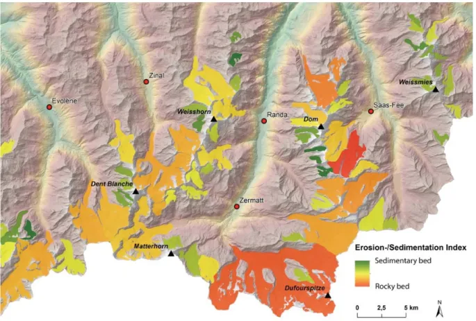 Figure S4: Indexed glacier beds in the Valais Alps, Switzerland, showing five classes  going from rocky beds (red) to sedimentary beds (green)