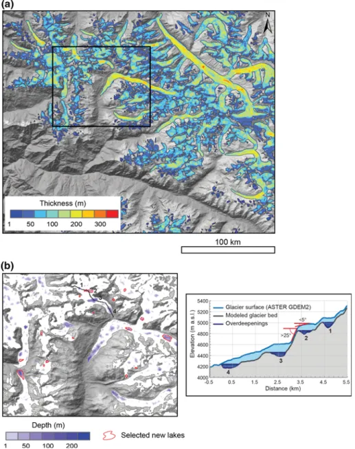 Fig. 5 Modelled a ice thicknesses and b overdeepenings in the glacier bed topography for a glaciated area above the Parvati Valley, Kullu District, HP