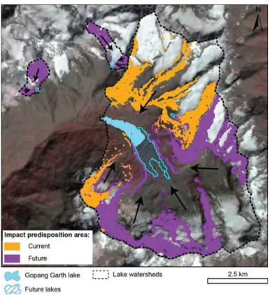 Fig. 8 Area around Gopeng Garth in the District of Lahaul and Spiti, northern Himachal Pradesh, showing potential source areas of steep ( [ 30 ° ) ice and rock located within an overall trajectory slope of [ 14 ° from current and future glacial lakes