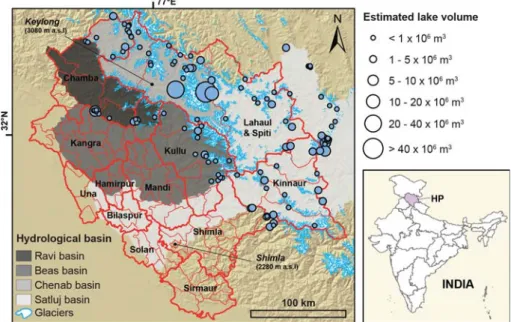 Fig. 2 Glacial lake distribution across the Indian state of Himachal Pradesh (HP). Four main hydrological basins and glaciated land area (after Frey et al