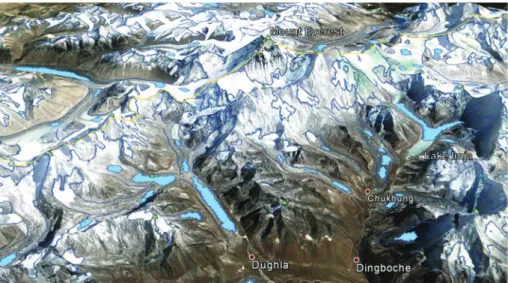 Fig. 7. Modelled overdeepenings (green) for a glacier sample in the northernmost section of the Bhutan Himalayan main ridge