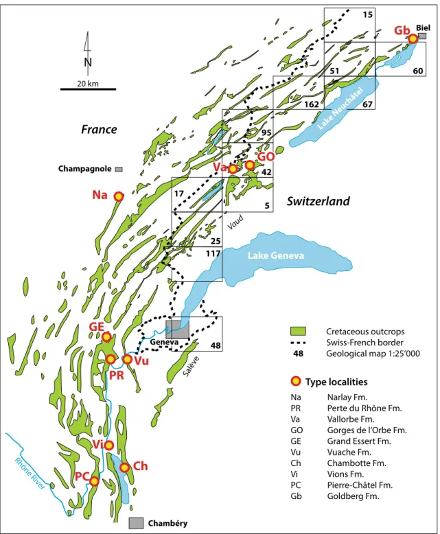 Fig. 1 Cretaceous outcrops in the Swiss and French Jura Mountains, compiled from the on-line geological maps supplied by the Swiss and French geological surveys (swisstopo and BRGM, respectively)