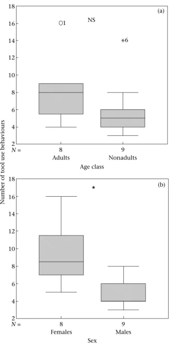 Figure 1. Box plots presenting the number of tool use behaviours observed at Lola by age and sex