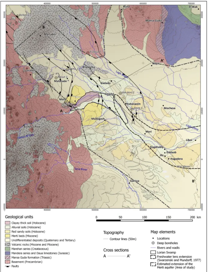 Fig.  2.2:  Geological  map  of  the  Merti  area  compiled  from  the  sources  :  GIBB,  2004;  Lane,  1995; 