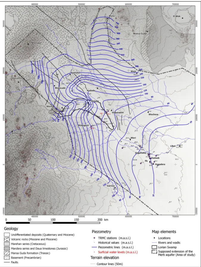 Fig. 2.7: Regional piezometric map of the Merti aquifer based on data from Swarzenski and Mundorff  1977, Lane 1995, GIBB 2004 and own data