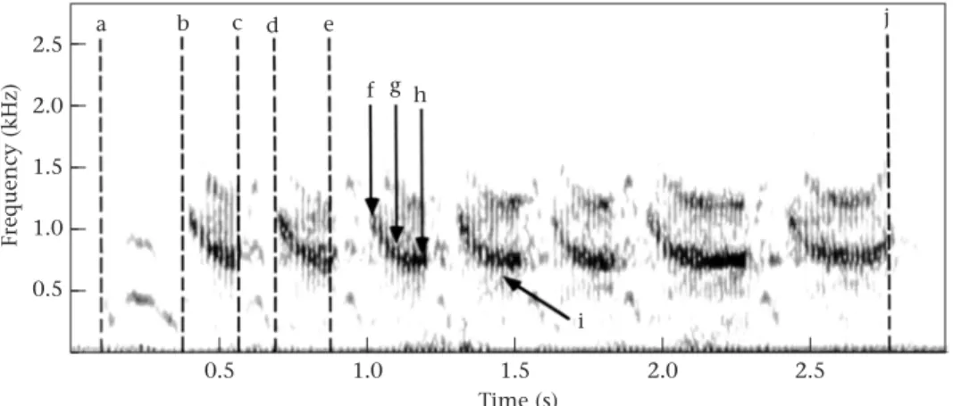 Figure 3. The acoustic parameters measured to describe male Diana monkey alarm calls. Duration (s): b–a: presyllable unit; c–b: syllable unit;