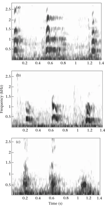 Figure 1. Example timeefrequency spectrograms illustrating rough grunts given by captive adult male Louis in response to (a) bread, (b) chow and (c) carrots