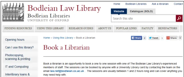 Figure 3 « Book a  Librarian » sur le site Internet  de la Bodleian Law Library 