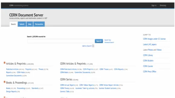 Figure 7: An overview of the CERN Document Server (CDS): the homepage