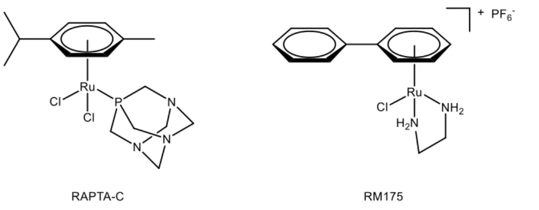 Figure 11: Arene ruthenium (II) anticancer complexes RAPTA-C and RM175 