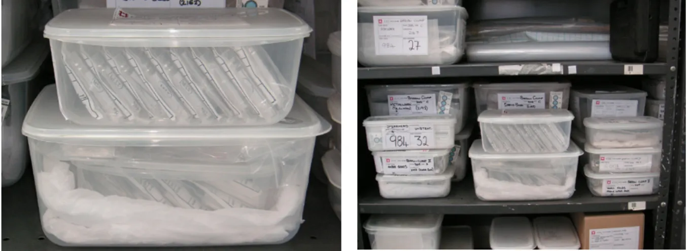 Figure  43:  Often  seen:  dry  storage  of  archaeological  finds in resealable PE bags placed into PP boxes with  dry  silica  gel  (here  at  Fort  Cumberland,  Portsmouth,  English Heritage)
