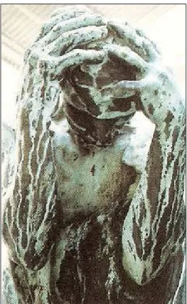 Figure 5 Corrosion details on the figures of  Les Bourgeois de Calais  from Rodin. The black deposits are visible in  the areas sheltered from rain and the black and green streaks due to the flowing rainwater (From Amarger, 2001,  p.215)