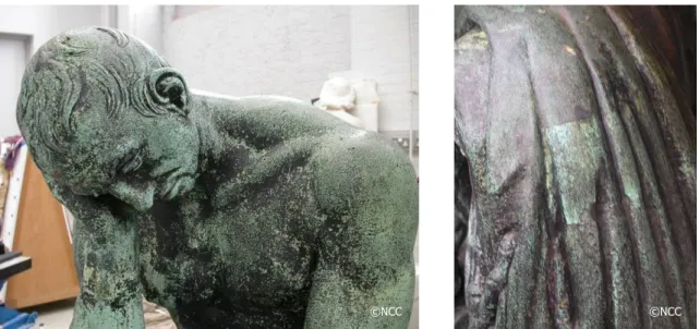 Figure  9  Left:  View  on  a  prisoner.  One  sees  clearly  the  black  paint  appearing  through  the  green  corrosion  products