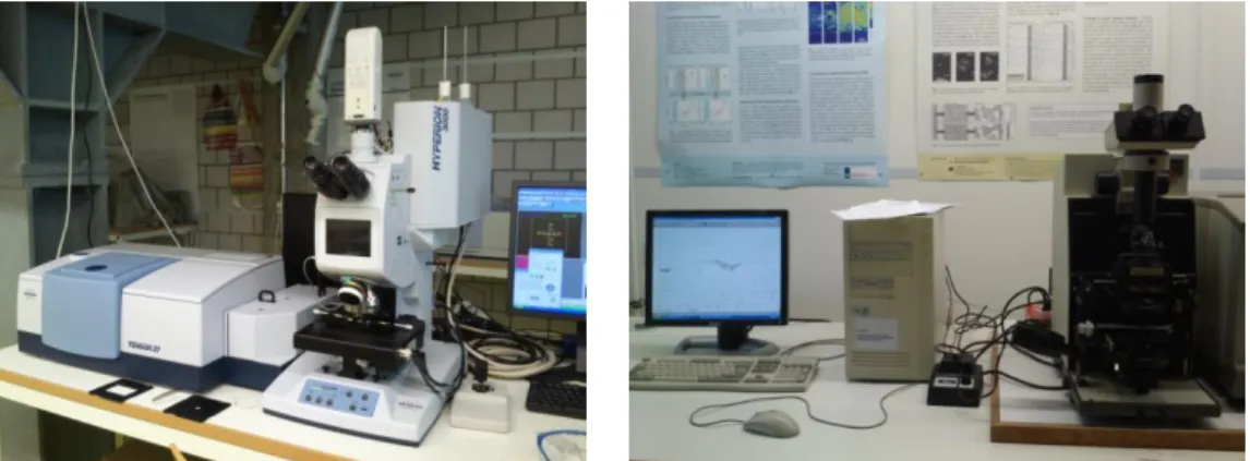 Figure 20 : Vue des appareils utilisés pour l’analyse FTIR : Brucker® Hyperion 3000 (à gauche) et   Perkin® Elmer System 2000 (à droite) ©HECR-Arc, 2013