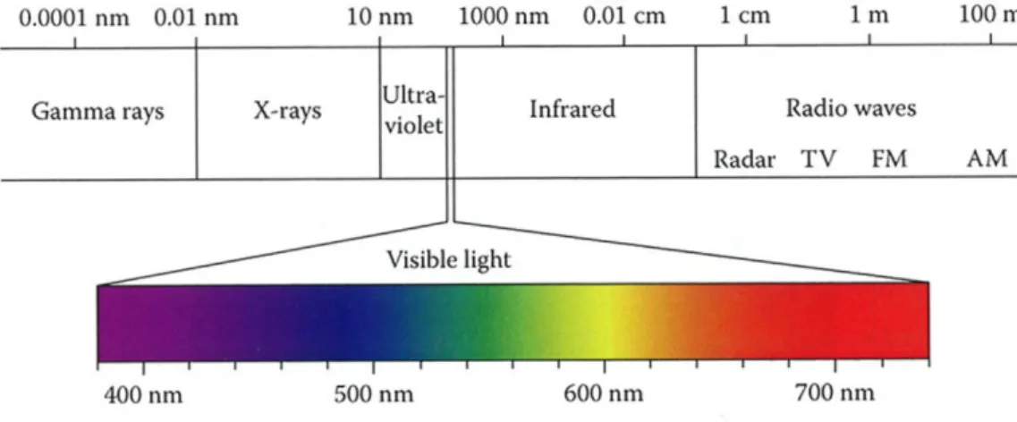 FIGURE 10 Emplacement du spectre visible parmi le spectre électromagnétique. ©Kitsinelis (Kitsinelis, 2012, p.2)