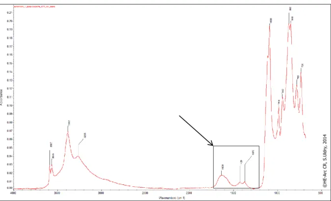 Fig. 27 : spectre  d’absorbance du coupon 1 après traitement biopatine avec les  pics  spécifiques  à 1625,  1426,  1370 cm -1