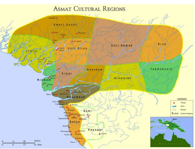 Figure 28. Carte de la région Asmat et de la répartition des différents groupes culturels