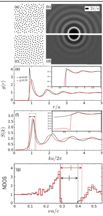 FIG. 1. Structural order in (a),(b),(e),(f) HD patterns at ϕ ¼ 0 . 60 and (c) – (f) SHU patterns at χ ¼ 0 
