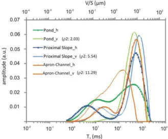 Figure 9. NMR T 2 distribution (Halbach) converted to V/S or ‘‘pore body diameter’’ distribution using BET speciﬁc surface area measurements to compute rho (q 2 ).