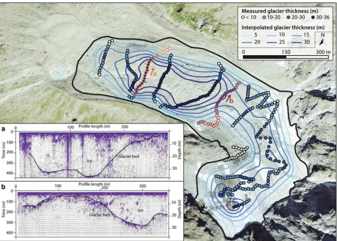 Table 3. Mean (h mean ) and maximum (h max ) glacier thickness derived from GPR point measurements and different interpolation algorithms