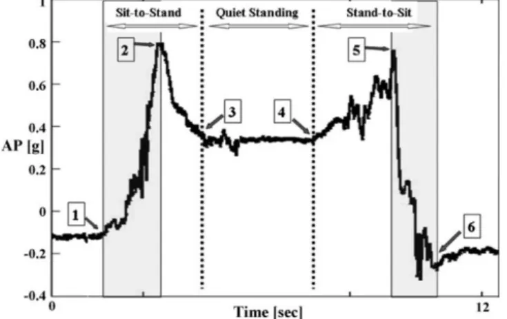 Figure 2 : Signal antéropostérieur durant les différentes phases du test TUG  (Weiss, et al., 2009) 