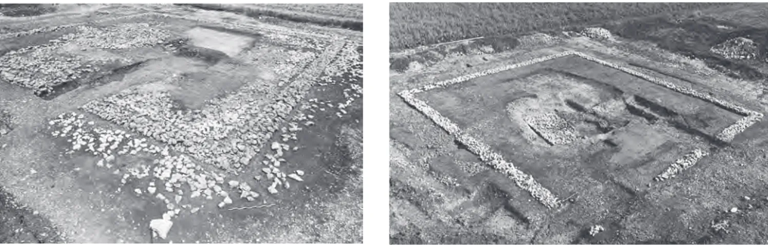 Fig. D. Mausolée gallo-romain de La Communance. L’enclos funéraire et le niveau de démolition vus du sud-est (à gauche)