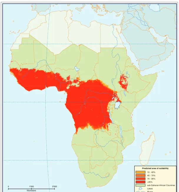 Figure 1.2.: Predicted areas of suitability for palpalis -group, subgenus Nemorrhina in Africa (1999)