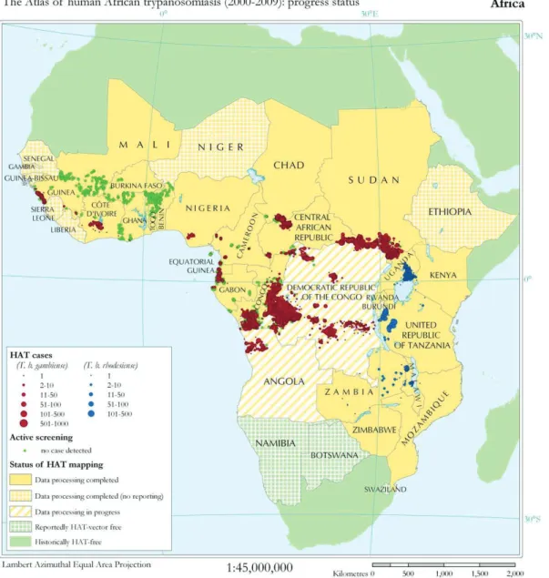 Figure 1.5.: Distribution of reported HAT cases from 2000 to 2009. Source: HAT atlas Simarro [149]