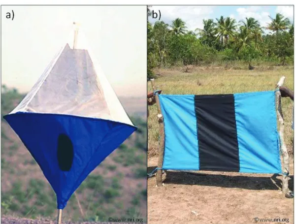 Figure 1.7.: Example of a biconical trap (a) and a target (b) used to capture and control tsetse flies.