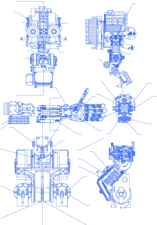 Figure 1.3. Diagrams of the iCub The iCub is a complex robot with many joints. These diagrams show the head, arms and torso, giving an idea of the complexity of the robot