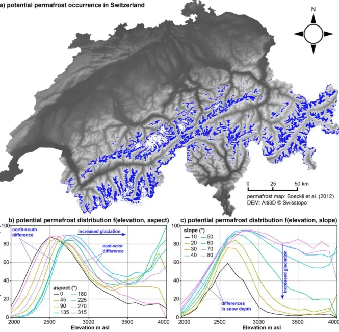 Fig. 2.1:  The potential permafrost occurrence in the Swiss Alps based on the  Alpine Permafrost Index Map  (APIM)  from  Boeckli et al
