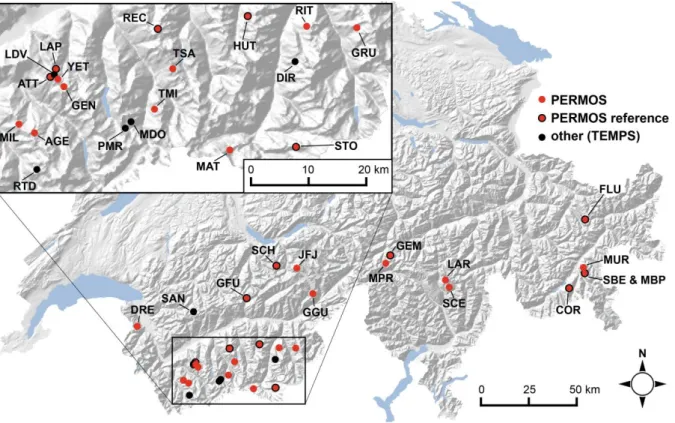 Fig. 3.1: Permafrost monitoring sites from which data were available for this PhD thesis