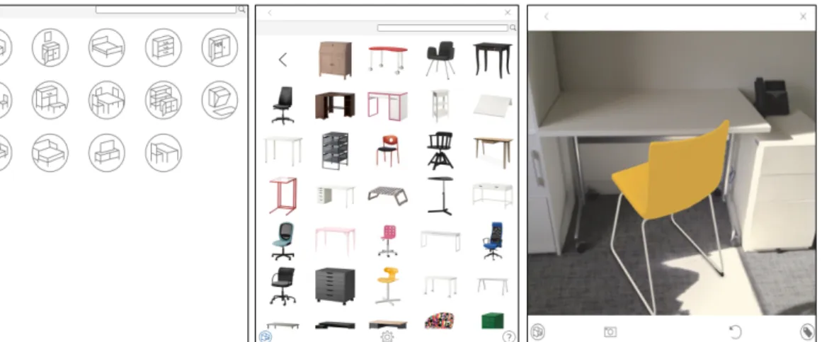 Figure 4: Interface of the AR app as displayed on a tablet screen (from left to right): a)  categories of furniture, b) furniture pieces, c) simulation of chair in a real room 
