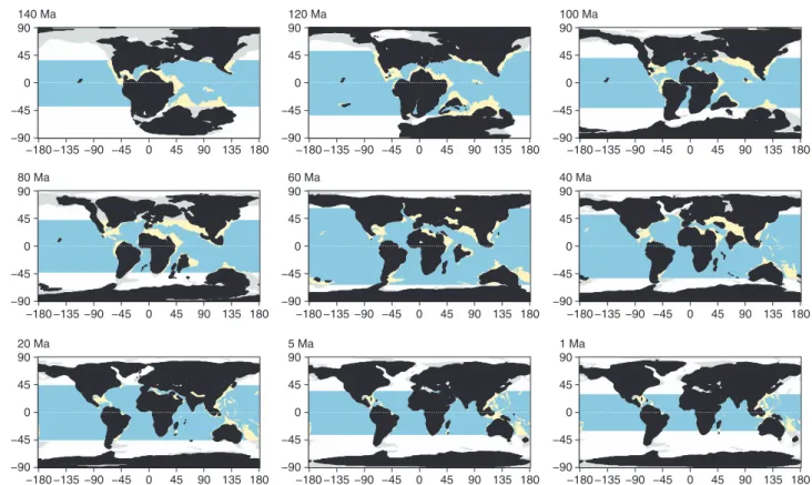Figure 1 | Distribution of shallow and deep ocean sea ﬂoor across the past 140 Myr. The latitudinal tropical limit was obtained from the fossil distribution of coral species