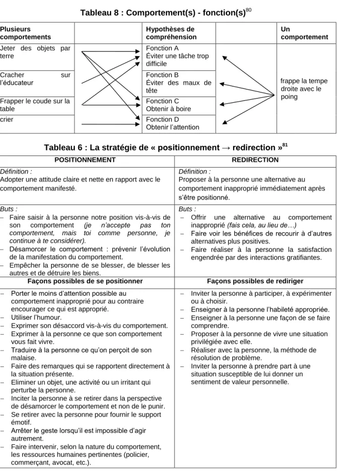 Tableau 8 : Comportement(s) - fonction(s) 80