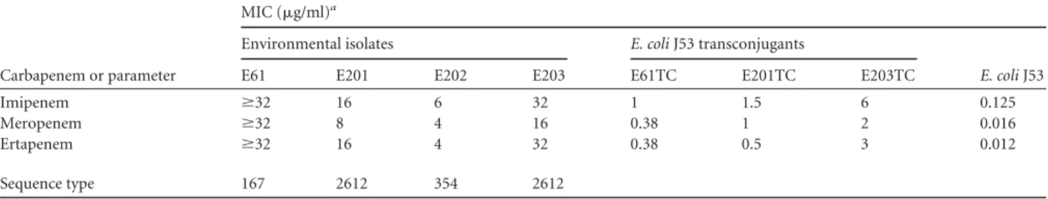 TABLE 1 MICs of carbapenems for the environmental isolates and E. coli J53 harboring the carbapenemase genes