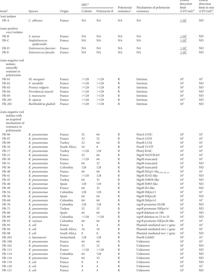 TABLE 2 MICs of polymyxins for the studied strains and limits of detection of the SuperPolymyxin culture medium