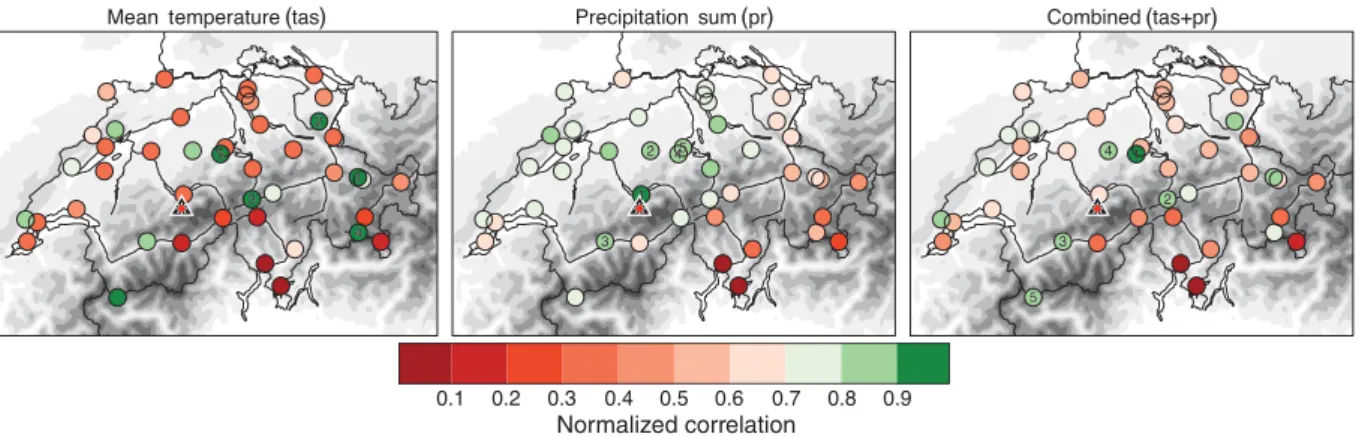 Figure 11. Objective selection of a most similar MCH station for the permafrost research site Schilthorn (black triangle with red star)