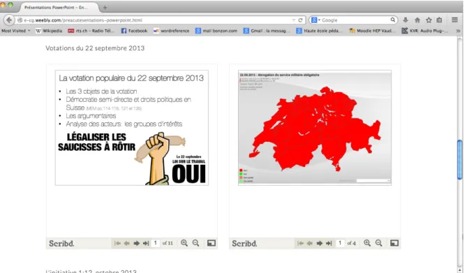 Figure  5  :  Contenu  d’un  portfolio  numérique  de  classe.  Les  présentations  PowerPoint  de  l’enseignant  (concernant des votations par ex.) sont disponibles en tout temps pour les élèves