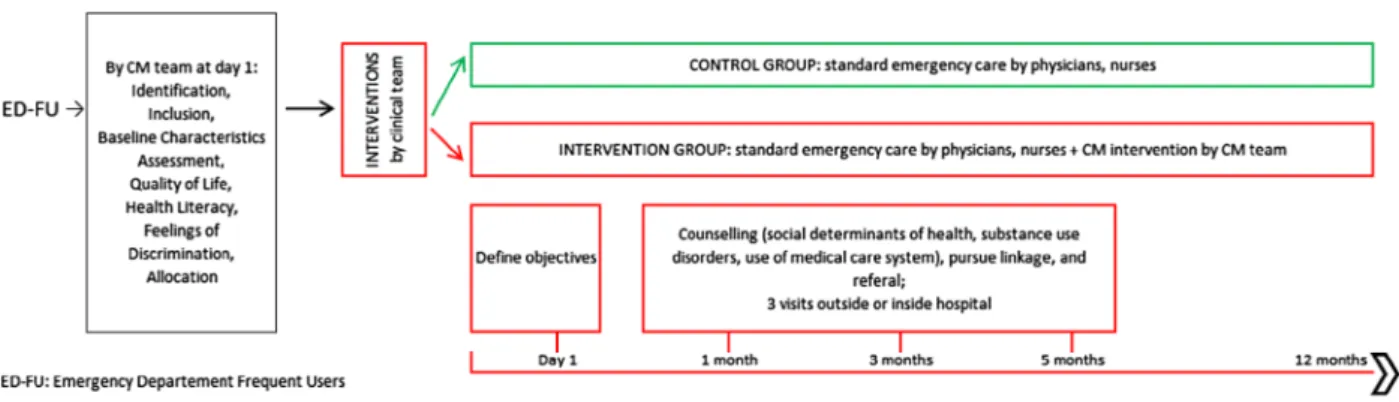 Figure 3 Timetable of the interventions: timetable for every ED-FU included in the study with interventions (at Day 1, 1 month, and 3 and 5 months for the intervention group).
