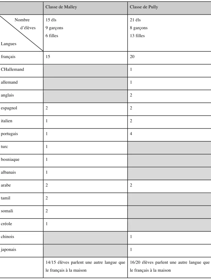 Figure n° 5 : tableau récapitulatif des langues parlées chaque classe, à partir du sondage 